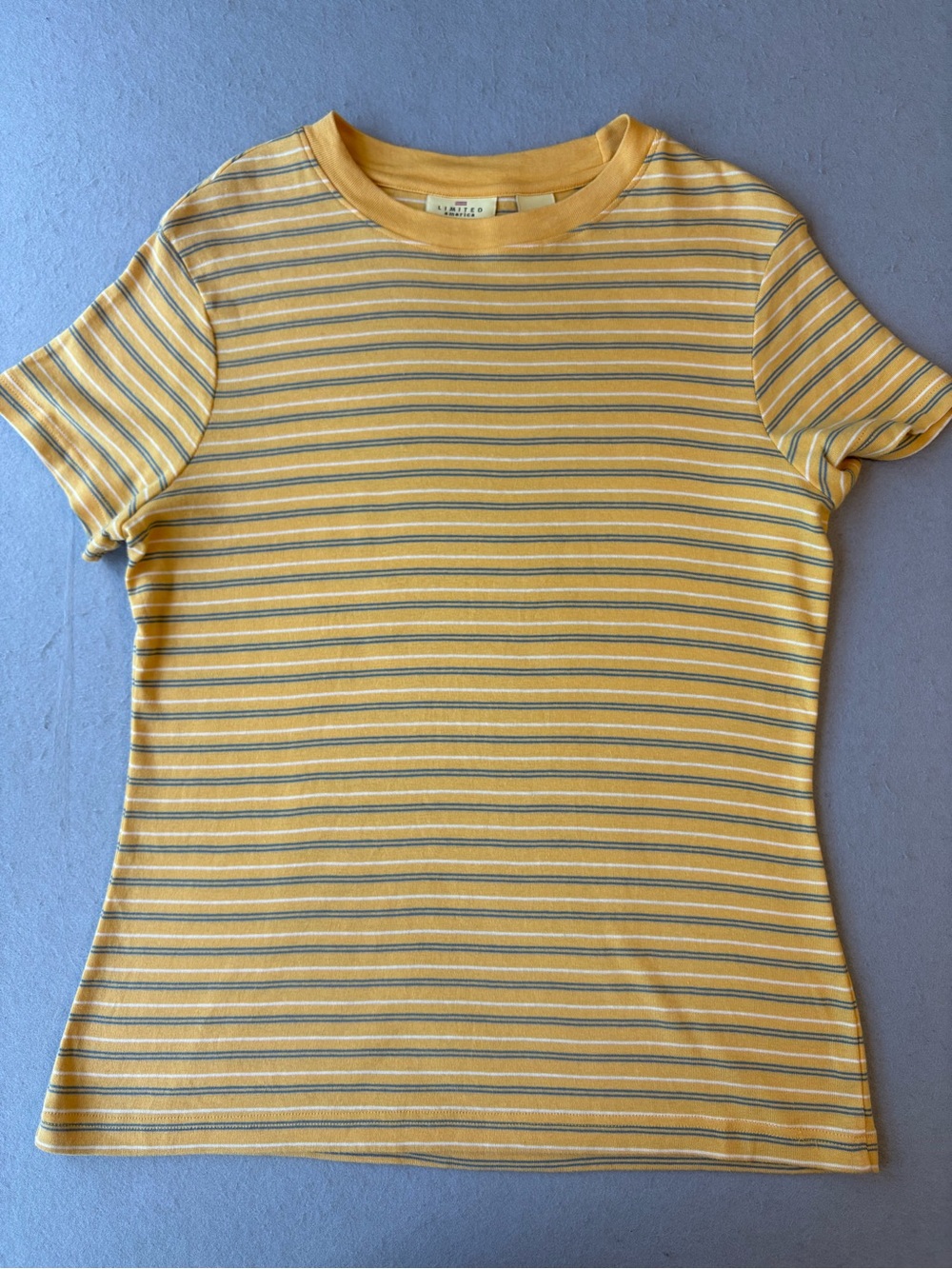 Vintage 90s Limited America Yellow Blue Striped Short Sleeve Cotton Baby Tee XL